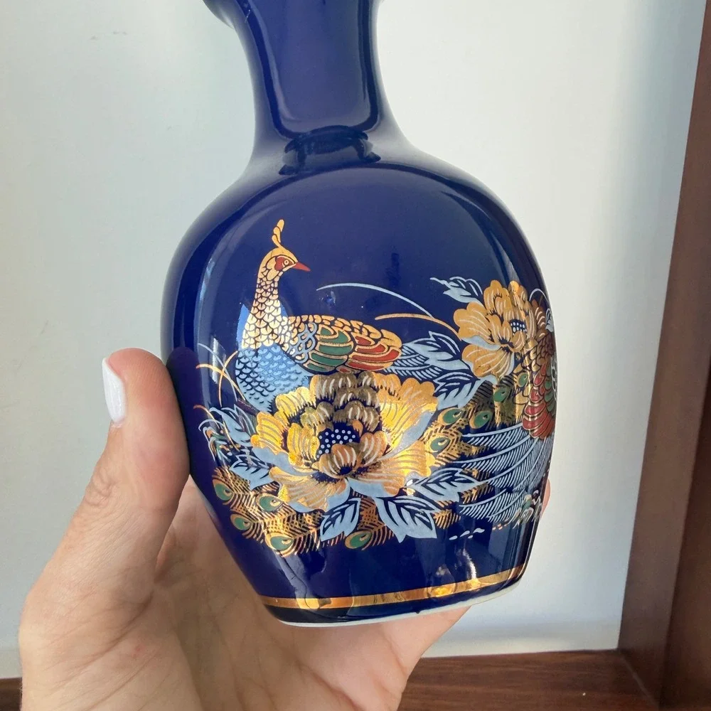 Cobalt Blue Porcelain Peacock Floral Bud Vase with Gold Trim 6.25